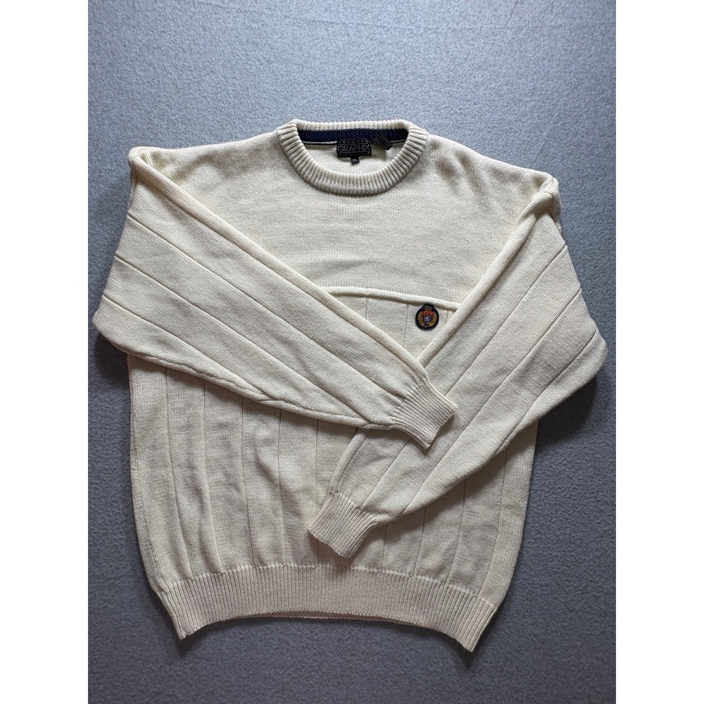 Vintage Sweater Graphix Mens‎ XL Cream Ribbed Knit Crewneck Crest Patch Sweater